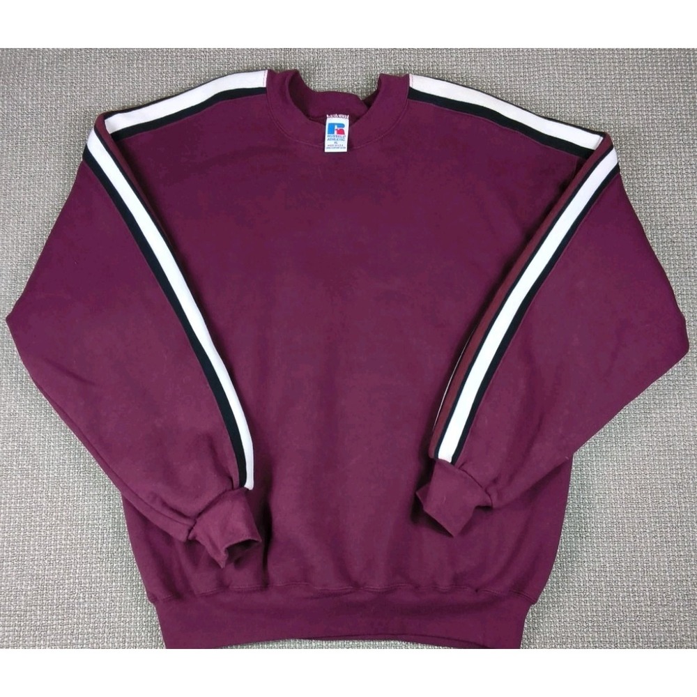 Vintage 90s Russell Athletic Crewneck Sweatshirt Striped Sleeve Maroon Sz XL